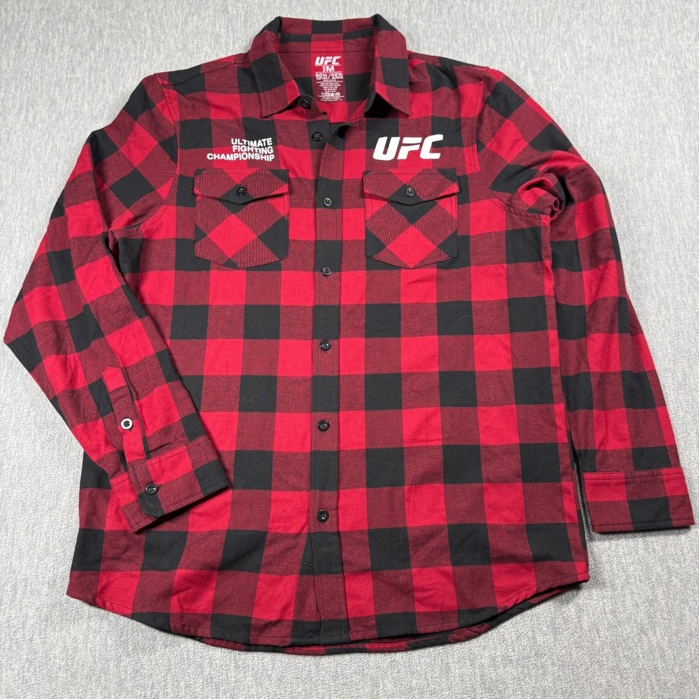 UFC Button Up Shirt Mens Medium Red Black Plaid Seattle Washington Event Flannel